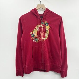 Vintage Y2K Lucky Brand‎ Embroidered Peace Sign Zip Up Hoodie in Red Size Large